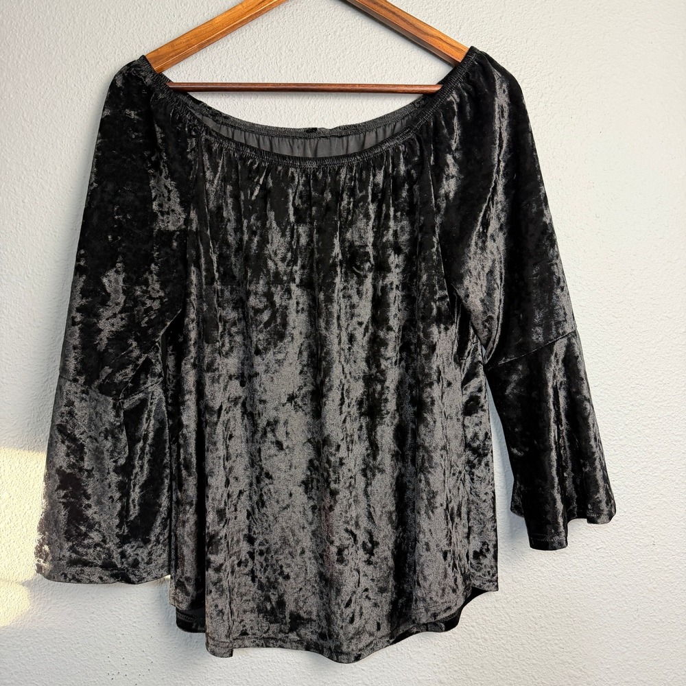 Y2K Whimsical Goth Fairy Black Crushed Velvet Off Shoulder Bell Sleeve Blouse M